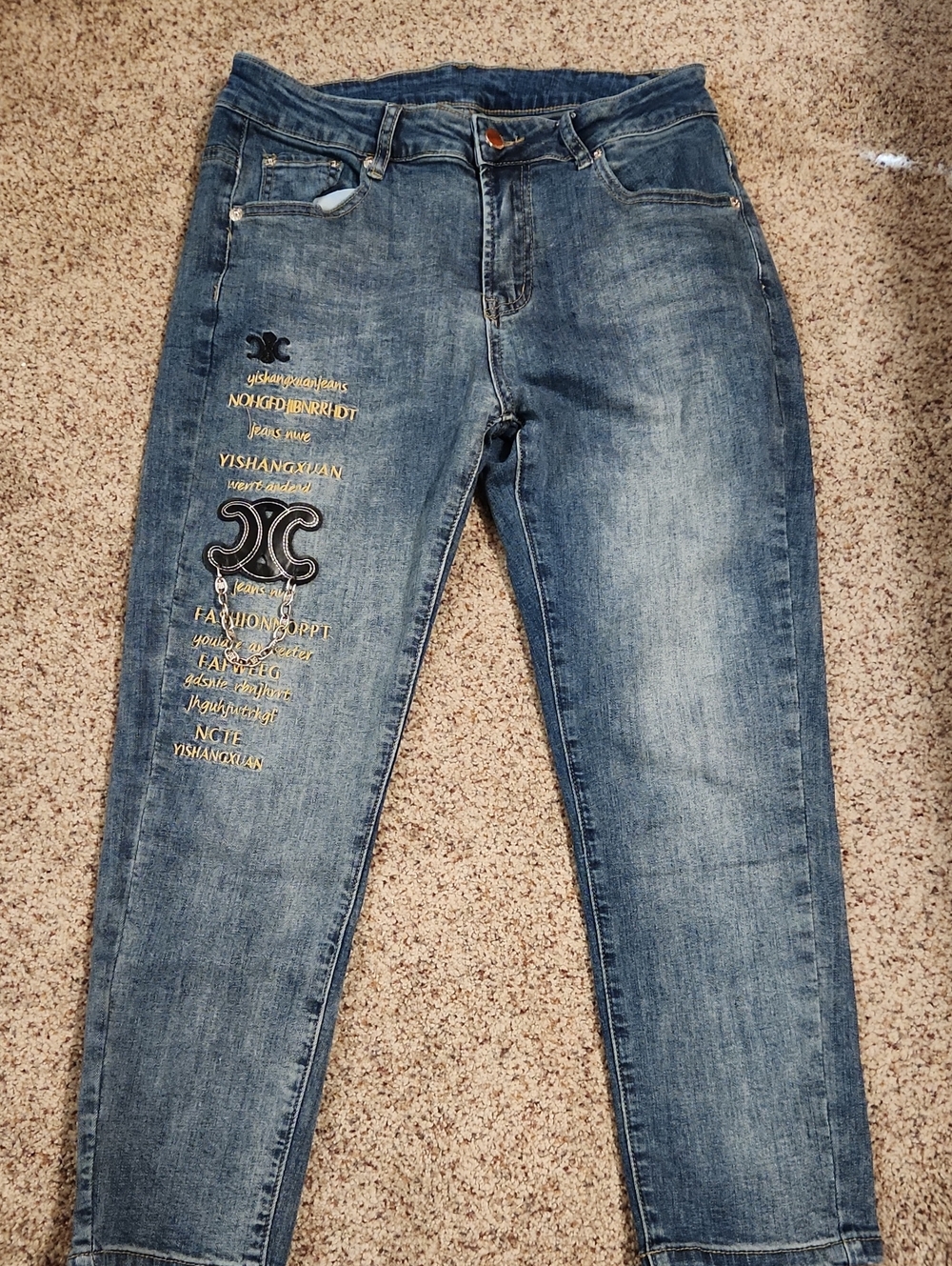 Blue Embroidered Straight-Leg Jeans with Graphic Detail